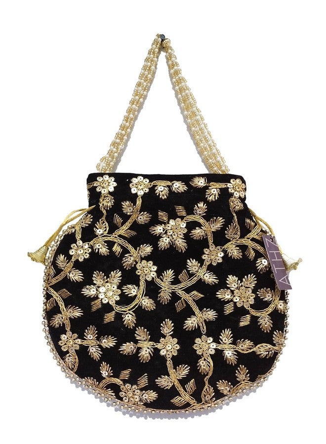 ATHZ Potli Bag Velvet Golden work wedding potli for ladies Gift for women handbags traditional Indian Wristlet with Drawstring Ethnic Embroidery Women Fashion Potli (Gold,Black) - Image 4